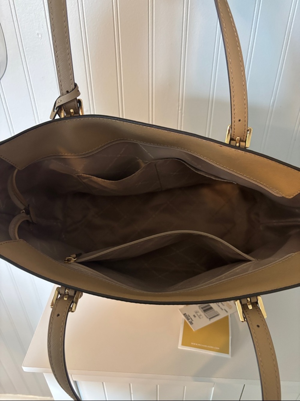 Michael Kors Gilly Camel Leather Tote with Gold MK Charm - Picture 8 of 16
